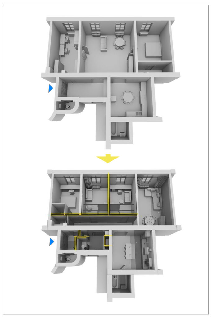 Modernizacja mieszkania w krakowskiej kamienicy - schematy, projekt, rzut wnętrza - architekt Łukasz Pióro