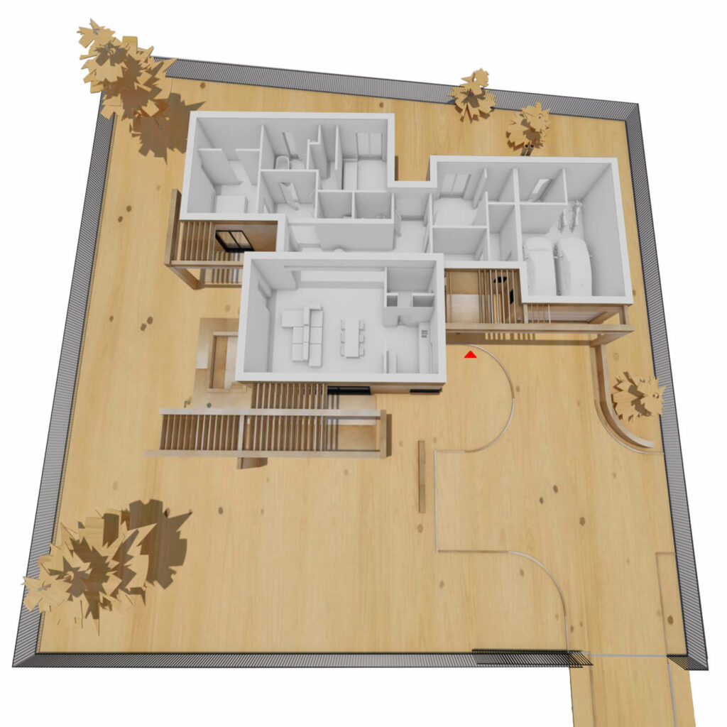 Projekt domu, architekt Kraków. Indywidualny projekt nowoczesnego domu parterowego. Pracownia projektowa - architekt Łukasz Pióro. Dom - model 3D, rzut - projekt od architekta.