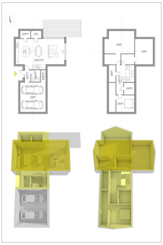 Projekt domu, architekt Kraków. Indywidualny projekt domu typu nowoczesna stodoła, połączone stodoły. Pracownia projektowa - architekt Łukasz Pióro. Dom - model 3D, rzut - projekt od architekta.