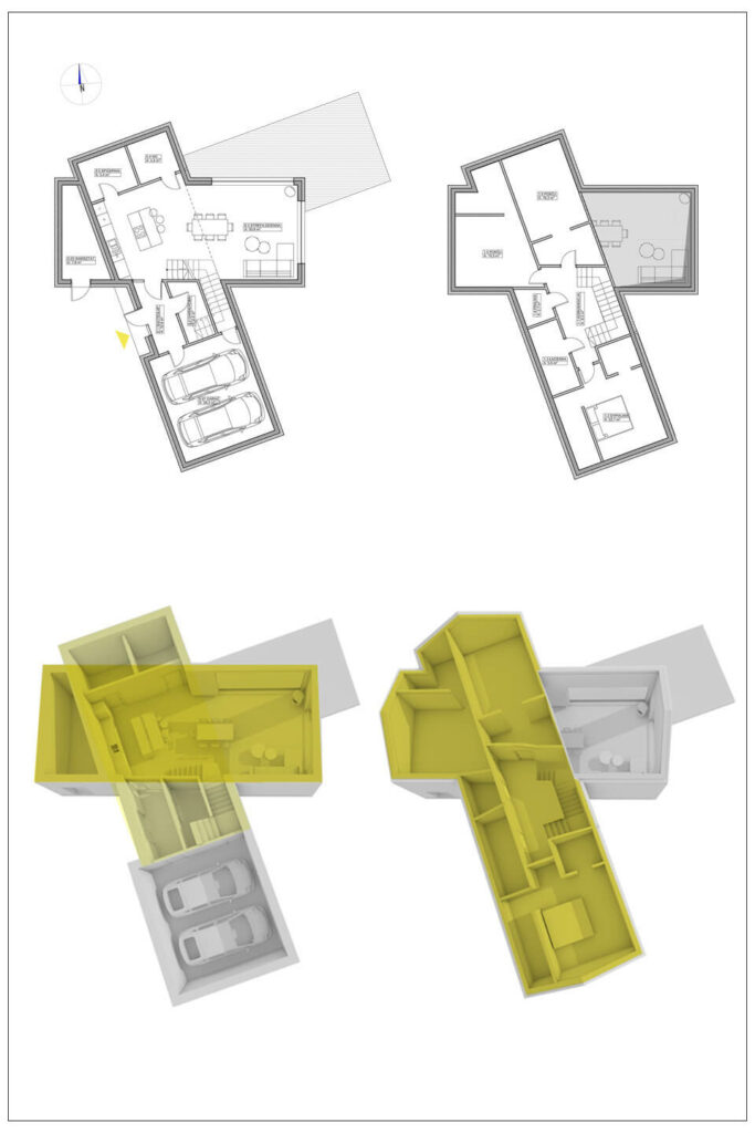 Projekt domu, architekt Kraków. Indywidualny projekt domu typu nowoczesna stodoła, połączone stodoły. Pracownia projektowa - architekt Łukasz Pióro. Dom - model 3D, rzut - projekt od architekta.