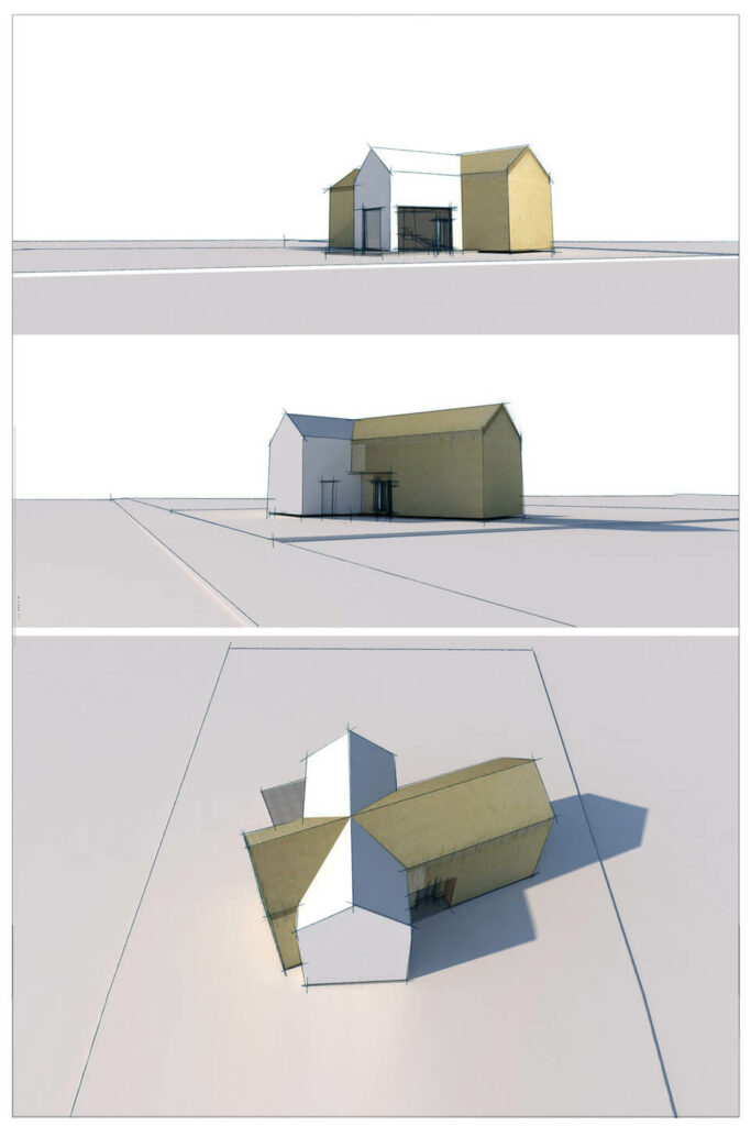 Projekt domu, architekt Kraków. Indywidualny projekt domu typu nowoczesna stodoła, połączone stodoły. Pracownia projektowa - architekt Łukasz Pióro. Dom - model 3D, rzut - projekt od architekta.