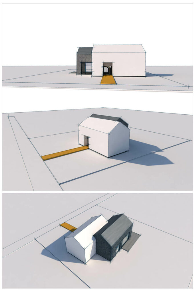 Projekt domu, architekt Kraków. Indywidualny projekt domu typu nowoczesna stodoła, połączone stodoły. Pracownia projektowa - architekt Łukasz Pióro. Dom - model 3D, rzut - projekt od architekta.