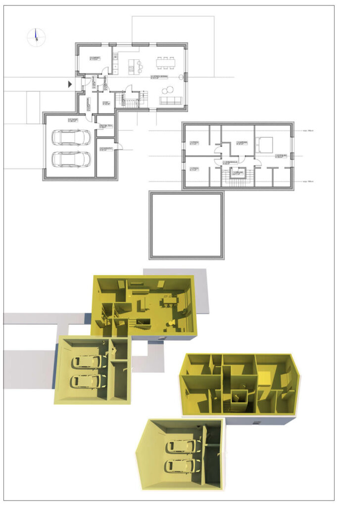 Projekt domu, architekt Kraków. Indywidualny projekt domu typu nowoczesna stodoła, połączone stodoły. Pracownia projektowa - architekt Łukasz Pióro. Dom - model 3D, rzut - projekt od architekta.