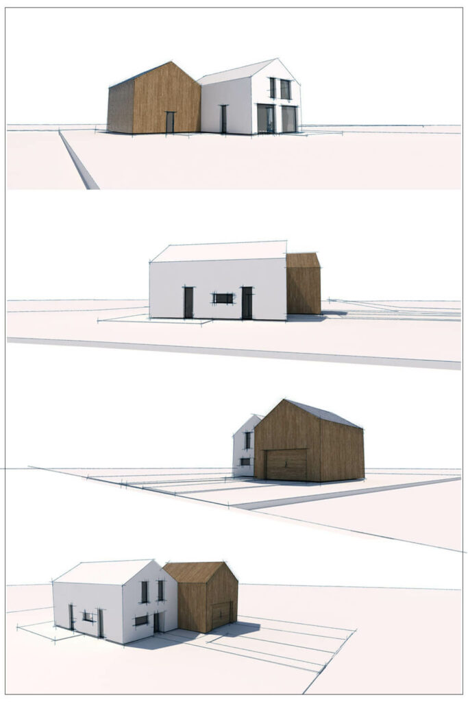 Projekt domu, architekt Kraków. Indywidualny projekt domu typu nowoczesna stodoła, połączone stodoły. Pracownia projektowa - architekt Łukasz Pióro. Dom - model 3D, rzut - projekt od architekta.